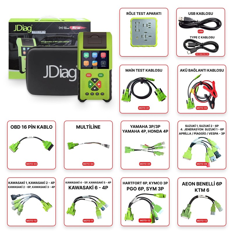 JDiag M200 Motosiklet Arıza Tespit Cihazı - 25 Kablolu / Soketli Full Versiyon